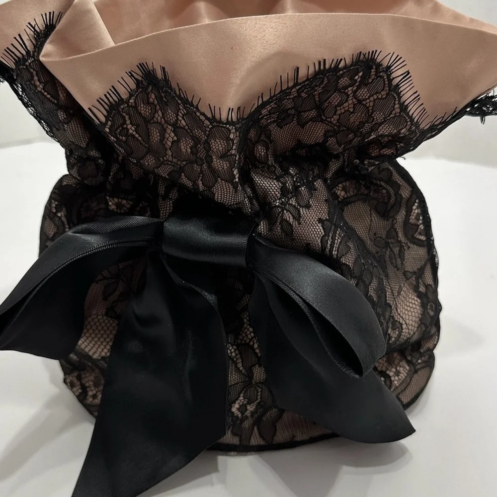 Marchesa x Beauty.com Blush Nude Satin & Black Lace Cosmetics Pouch Bag w Bow